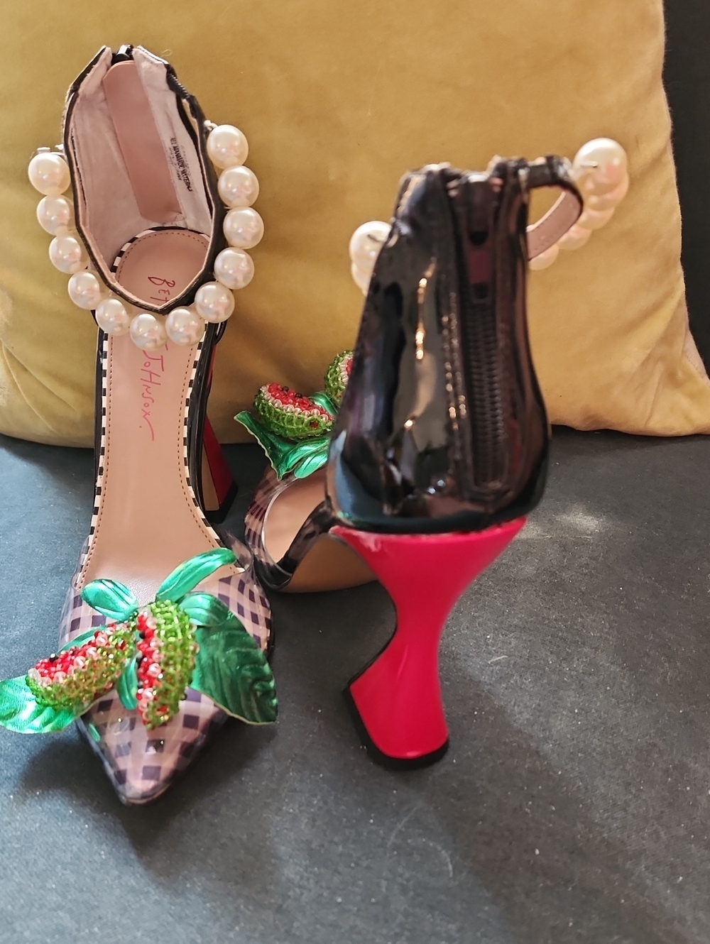 Betsey Johnson Black Patent WatermelonPumps with Pearl Ankle Strap. 6.5